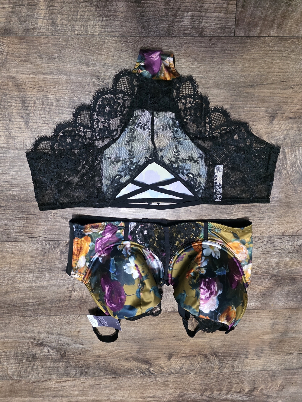 New CACIQUE Floral Lace Underwire Bra & Bikini Set Green BRA 38DD Panty 14/16 - Picture 8 of 13